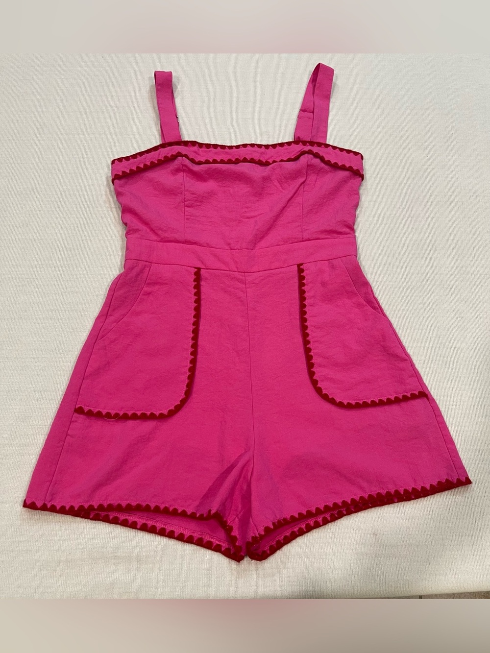 Entro Hot Pink Square Neck Romper with Red Ric-Rac Trim - Size Large